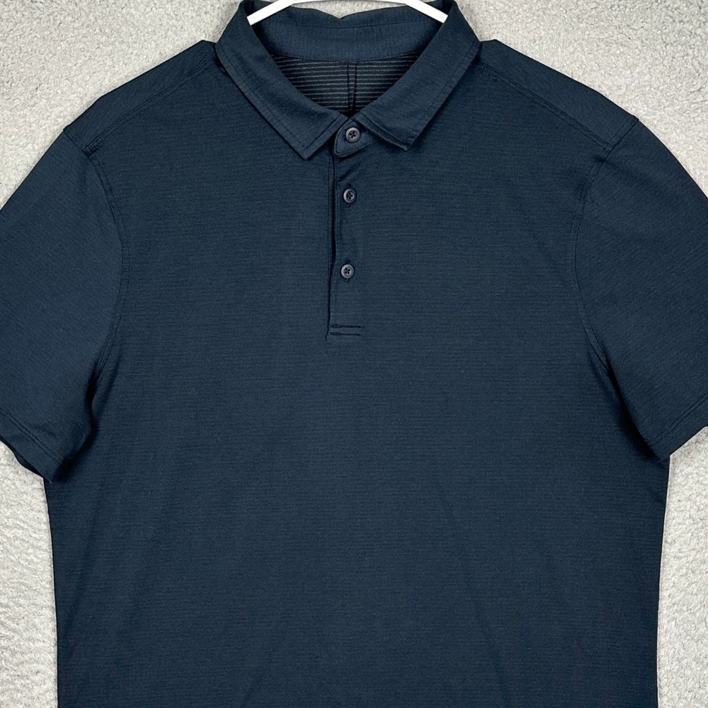 Lululemon Evolution Polo Shirt Mens Large Navy Blue Golf Performance Rugby EUC